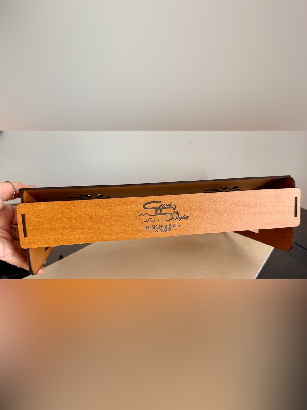 Hand crafted by me wood laptop stand customizable laptop size shown 14”x9” - Picture 7 of 7